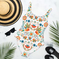 Mexican Otomi One-Piece Swimsuit - The Global Wanderer Playful White One-piece Swimwear, Summer Poolside Printed Bodysuit, Printed Summer Bodysuit For Poolside, Printed Bodysuit For Poolside Summer, Multicolor Floral Print Bodysuit For Pool, Playful White Tankini For Swimming, White Swimwear For Vacation Swimming, Playful White Tankini For Beach Season, Printed Bodysuit For Swimming Beachwear