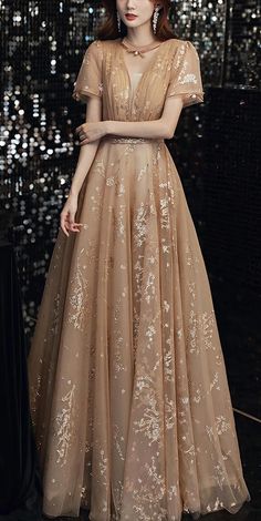 Gold Ball Gown Dress With Sweep Train, Gold Ball Gown With Sweep Train, Gold Floor-length Ball Gown For Party, Gold Ball Gown For Party, Gold Ball Gown For Formal Occasions, Gold Ball Gown Dresses For Banquet, Champagne Gown For Evening Dress At Gala, Champagne Floor-length Ball Gown For Evening, Gold Sequined Evening Gown