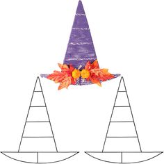 two paper hats with leaves and candy on them, one has an orange pumpkin in the center