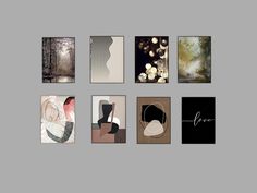 an assortment of art work displayed on a gray background with the word love written in black