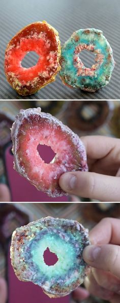 three different types of candies with the words edible candy agate slices on them