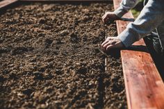 someone is digging in the dirt with their hands on a wooden slatted bench