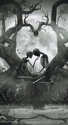 two skeletons are sitting in the grass under trees with their heads turned towards each other