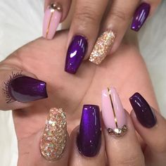 Nail Art Beige, Purple Nail Art Designs, Gold Gel Nails, Gold Nail Designs, Gold Nail Art, Gold Nail