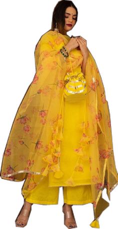 Yellow Dupatta With Floral Embroidery For Reception, Yellow Party Dupatta, Yellow Lehenga With Dupatta, Yellow Embroidered Dupatta, Yellow Floral Embroidered Dupatta For Party, Yellow Organza Dupatta With Floral Embroidery, Yellow Organza Lehenga, Kurti Sets, Yellow Suit