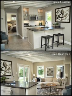 two pictures of a kitchen, living room and dining room with open floorplans