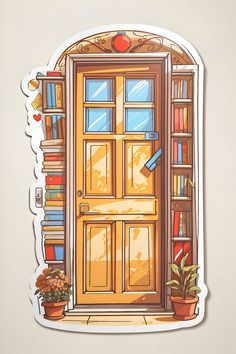 a sticker depicting an open door with bookshelves in the background and potted plants next to it