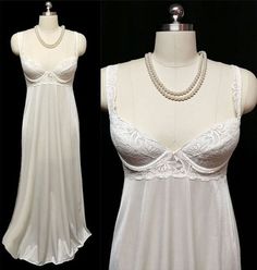 EASY LAYAWAY IS AVAILABLE Original Price $199.99 A beautiful vintage Olga nightgown in Bridal White. Lovely floral lace overlay on the bodice with very feminine spandex lacey straps with looped nylon spaghetti straps in back. The color is an off white or light ivory and would be wonderful for a bridal night or honeymoon. The wonderful bra is padded to give you a fabulous figure in this gorgeous nightgown. More spandex under the bust and above the waist area which extends around to the back for a Titanic Wardrobe, 50s Nightgown, Olga Nightgown, Vintage Peignoir, Nightgown Lace, White Nightgown, 2 House, Honeymoon Outfits, Lace Nightgown