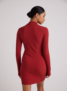 The rib knit dress features a mock neck design that combines elegance with a modern flair, making it an ideal choice for a night out. Designed from soft fabric, this sleek dress offers a comfortable fit while accentuating the silhouette, ensuring you look stylish and feel confident. Its ribbed texture adds a playful element, making it a fun addition to your wardrobe for any occasion. 57% Hemp Viscose 38% Cotton 5% Spandex Solid High Neck Bodycon Dress For Work, Ribbed High Neck Dress, Red Ribbed Mini Dress, High Neck Ribbed Dress For Work, High Neck Ribbed Workwear Dress, Red Ribbed Stretch Mini Dress, Red Stretch Ribbed Mini Dress, Stretch Red Ribbed Mini Dress, Stretch Ribbed Red Mini Dress