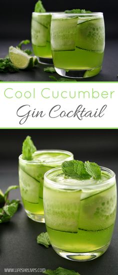 two glasses filled with cucumber gin cocktail