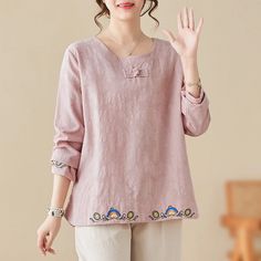 Olivia Mark - Loose Fit Cotton Linen Embroidered Button-up Long Sleeve Top Casual Long Sleeve Embroidered Blouse, Sleeve Stencil, Pink Top, Olivia Mark, Pink Tops, Types Of Collars, Clothing Patterns, Cotton Linen, Long Sleeve Top