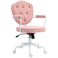 a pink office chair with wheels and casteors on an isolated white background for display