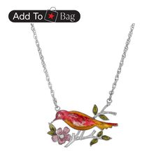 in stock Red Enamel Necklace Nickel Free, Red Enamel Nickel-free Necklace, Red Enamel Nickel-free Necklaces, Red Pendant Necklace With Flower Charm, Bird And Flower, Bird Perch, Flower Pendant Necklace, Red And Yellow, Necklace Online