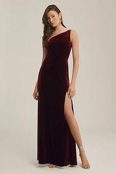 Hutch Bow-Tie Maxi Dress | Anthropologie Velvet Dressing Gown, Romantic Maxi Dress, Dresses Floor Length, Emerald Bridesmaid Dresses, Velvet Bridesmaid Dresses, Velvet Dresses, Tie Maxi Dress, Velvet Gown, One Shoulder Gown