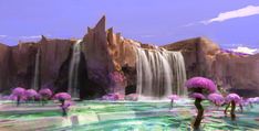 digital painting of waterfall and pink flowers in the foreground