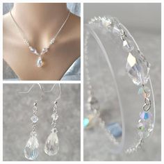 A stunning 3 piece set that will suit any special occasion. This set uses quality glass crystals on silver plated chain and earring hooks. Can be made in gold plated. Please leave a message. The drop on the necklace is 23mm. The large drop measures 10x15mm. The necklace also uses 8x11mm oval/pear, 4mm bicones and 6x4mm rondelle crystals.  The bracelet features 8x11mm oval/pear, 4mm bicones and 6x4mm rondelle crystals. There is also a small 5x7mm teardrop charm. The earrings are 47mm long ( the d Sparkling Crystal Jewelry Sets For Gift, Wedding Crystal Jewelry With Faceted Details, Clear Sparkling Jewelry For Wedding, Sparkling Clear Jewelry For Wedding, Silver Faceted Jewelry For Wedding, Prom Gift, Jewellery Set, Earring Hooks, Organza Gift Bags