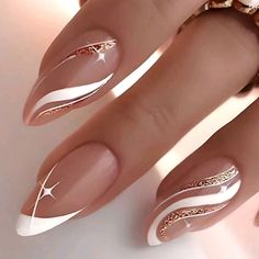 Brand New Medium Long Almost Shape White Glitter Champagne Color Pet Free, Smoke Free Home Bride Nails Wedding Elegant French, Nude Nails Design 2024, Goddess Nails, Champagne Nails, Elegant Touch Nails, Dark Goddess, Shape Nails, Prom Nail