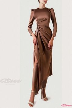 Qteee - Irregular Belted Satin Maxi Dress with Long Sleeves in Solid Color Elegant Brown Draped Dresses, Elegant Draped Brown Dress, Elegant Brown Asymmetrical Midi Dress, Soiree Dress, فستان سهرة, Slim Fit Dresses, Satin Maxi Dress, Tie Dye Dress, Dyed Dress