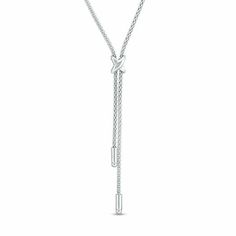 Elevate her casual or dressy attire with this versatile fashion necklace. Crafted in sterling silver, this attractive lariat style features a pair of slender chain dangles suspended beneath a petite "X"-shaped design. Buffed to a brilliant luster, this 17.0-inch fancy chain necklace secures with a lobster claw clasp. Timeless Sterling Silver Lariat Necklace, White Gold Lariat Chain Necklace, Adjustable White Gold Lariat Necklace, Classic Lariat Necklace With Adjustable Chain, Minimalist Adjustable Lariat Necklace For Formal Occasions, Adjustable Minimalist Lariat Necklace For Formal Events, Silver Chain Lariat Necklace, Silver Classic Lariat Necklace For Formal Occasions, Elegant Adjustable Y-shape Chain Necklace