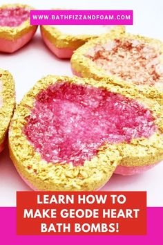 Learn how to make Geode Heart Bath Bombs with this tutorial on the Bath Fizz and Foam blog! These are a fun project for Valentines Day, or any holiday! Make them for yourself, your kids, or as handmade gifts! If you sell bath products, your customers will love these beautiful bath treats, too! Head to the blog for the step by step recipe + directions! Happy Making! Bathbomb Aesthetic, Bath Bomb Ideas, Off The Deep End, Diy Bar