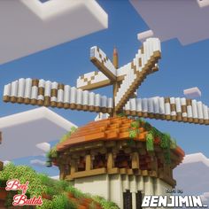 an animated image of a windmill made out of wood and white bricks, with the sky in the background