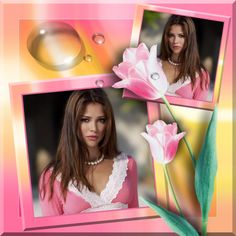 a woman with long brown hair wearing a pink dress and pearl necklace, standing next to a flower