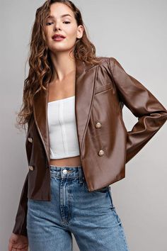 Brown Cropped Outerwear For Work, Cropped Brown Outerwear For Work, Trendy Fitted Leather Jacket With Buttons, Trendy Brown Fitted Leather Jacket, Trendy Fitted Brown Leather Jacket, Fitted Brown Biker Jacket With Button Closure, Fitted Double-breasted Trendy Cropped Jacket, Brown Cropped Jacket For Work In Fall, Fitted Double-breasted Cropped Jacket