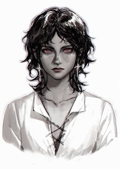 a drawing of a woman with dark hair and red eyes wearing a white button up shirt