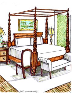 a drawing of a bedroom with four poster bed