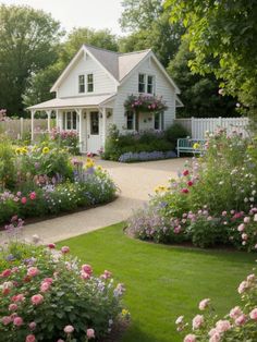 a white house surrounded by flowers and greenery