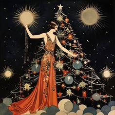 a woman in an orange dress standing next to a christmas tree with stars on it