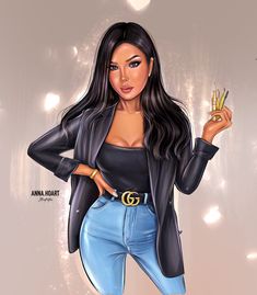 a drawing of a woman with long black hair and wearing blue jeans, holding a gold ring