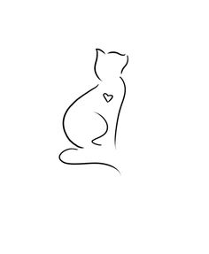 a black and white drawing of a cat with a heart on it's chest