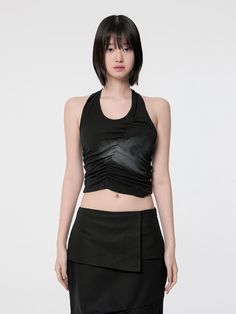 This is a trendy and feminine top by FLARE UP that is made out of high quality and sturdy material. With distinctive mood of the design and comfortable wear, you can style it for your casual daily outfit.- Irregular shirring detail- Halter tie neckline detail- Trendy and feminine mood Trendy Asymmetrical Ruched Top, Summer Night Out Tops With Ruched Sides, Summer Ruched Sides Top For Night Out, Summer Tops With Ruched Sides For Night Out, Sleeveless Top With Ruched Sides For Night Out, Chic Stretch Tops With Ruched Sides, Versatile Black Ruched Tops, Casual Black Asymmetrical Crop Top, Black Foldover Top For Night Out