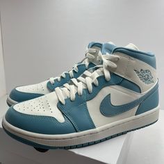 Brand New Never Worn / Never Tried On 100% Authentic Jordan 1 Mid Unc Women's Size 11 / Men's 9.5 Bq6472-141 Colorway | White/Worn Blue/Sail Jordan 1 Mid Unc, Authentic Jordans, Womens Jordans, Jordan 1 Mid, Jordans For Men, Jordan Shoes, Jordan 1, Air Jordans, Womens Sizes