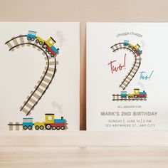 two birthday cards with train tracks on them