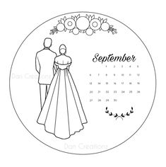 a calendar with a bride and groom standing next to each other