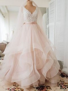 Blush Pink Lace Wedding Dresses Multi-Layered Organza Wedding Gowns AW – SheerGirl Pink Tulle Evening Dress, Cheap Bridal Dresses, How To Dress For A Wedding, Tule Rok, Gonna In Tulle, Wedding Dress Champagne