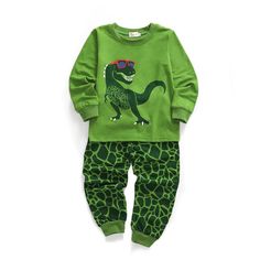 Kids Green Dinossaur Cartoon Printed Tracksuit Boys Casual Suits - PrettyKid Baby Mode, Top Pants Set, Boys Set, Basic Long Sleeve, Casual Suit, Baby Outfits, Boys Casual, Pyjama Set