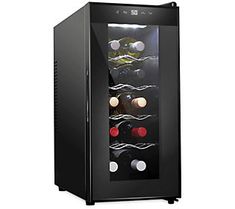 a black wine cooler with several bottles in the front and two on the back side