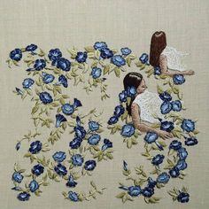 two women in white dresses are surrounded by blue flowers on a beige background with green leaves