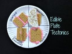 a paper plate with crackers and marshmallows on it that says edible plate tetonics