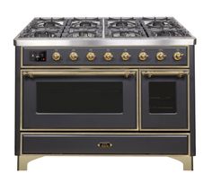 Ilve Majestic II 48 Inch Dual Fuel Natural Gas Freestanding Range in Matte Graphite with Brass Trim UM12FDNS3MGG - Farmhouse Kitchen and Bath Ilve Majestic, Freestanding Double Oven, Double Oven Range, Freestanding Range, Kitchen Centerpiece, Steam Oven, Dual Fuel Ranges, Brass Trim, Cool Doors