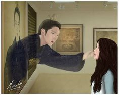 an animated image of a woman pointing at a man's face in a museum