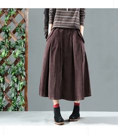 Vintage Womens Corduroy Swing Pleated Skirt Loose Casual Baggy Midi Dress Chic | eBay Baggy Cotton Skirt For Fall, Baggy Solid Skirt For Fall, Fall Cotton Skirt In Solid Color, Casual Brown A-line Skirt, Brown Cotton Skirt For Winter, Casual A-line Winter Skirt, Brown Cotton Skirt For Fall, Fall Knee-length Cotton Skirt, Casual Brown Skirt For Winter