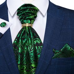 Material: SILK Item contains: 1*Ascot + 1*Cufflinks + 1*Pocket Square Ascot Size: Total Length:49.6"(126cm) The Widest Part:5.9"(15cm) The Narrowest Part:2.2"(5.5cm) Weight: 80g Elegant Green Suit And Tie Accessories For Groom, Classic Green Cufflinks For Formal Occasions, Elegant Green Suit And Tie Accessories For Gift, Green Elegant Suit And Tie Accessories For Gift, Elegant Green Cufflinks For Formal Occasions, Cravat Tie, Floral Pocket Square, Tie Ring, Blue Suit Men