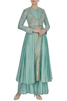 Shop for Neha Khullar Blue Chanderi Kurta With Gota Pleated Jacket And Pants for Women Online at Aza Fashions Pakistani Bridesmaids, Sleeveless Kurta, Blue Anarkali, Wedding Lehengas, Designer Bridal Lehenga, Lehenga Style, Pleated Jacket, Cotton Kurti, Bridal Lehenga Choli