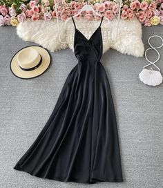 Simple A line v neck dress Fabric: satin Color: black,Brick rede, purple, yellow, green, red Size: S, M, L S length 126 bust 89 waist 67 M length 127 bust 93 waist 71 L length 128 bust 97 waist 75 For more pictures of the dress, please contact us, thank you. A Line V Neck Dress, Simple Long Dress, Teenage Clothing, Long Dress Design, Dress Modern, Needle Crafts, Trendy Dress Outfits, Elegant Party Dresses, Classy Jewelry