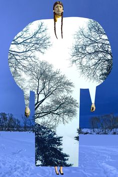 a woman's head is shown in the middle of a collage of trees