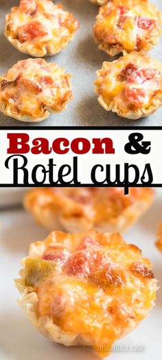 bacon and cheese mini cups on a baking sheet with the title in red text above it